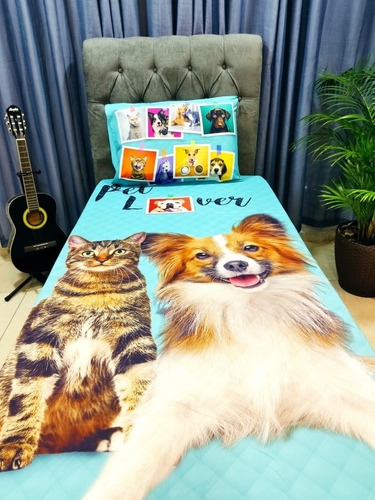 Cobre Leito Solteiro Pet Love Cat Dog Presente Charmoso 