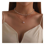 Collar Para Mujer Elegante De Perlas Doble Dije De Perla 