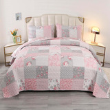~? Pink Plaid Patchwork Quilt Set Full Queen Size Floral Rve