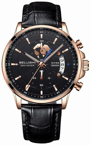 Reloj Hombre Lujo Cuarzo Cuero Genuino Luminoso Impermeable