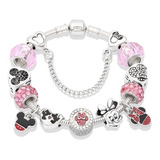 Pulsera De Mickey Y Minnie Mouse Varios Dijes En Color Rosa