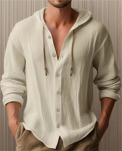 Camisa Casual De Manga Larga Con Capucha Y Cordón De Color L