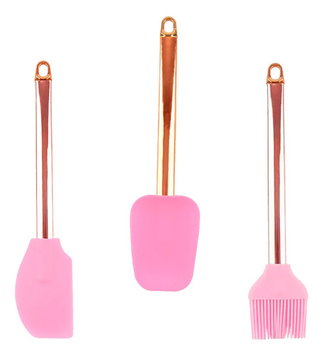 Kit Cozinha Silicone Colher Espátula Pincel Cabo Rose Gold 3