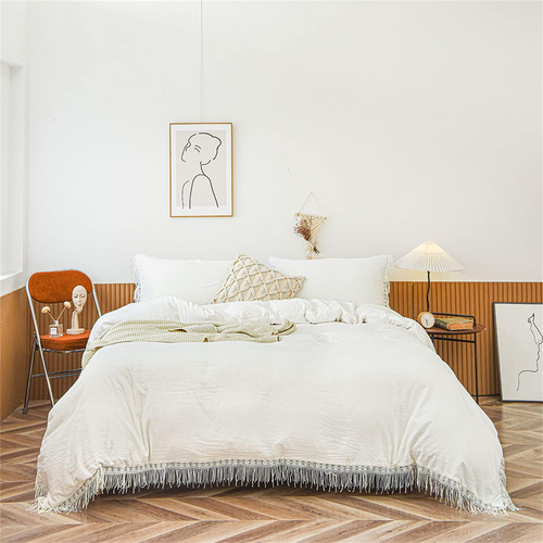 Abreeze Boho Ropa De Cama Con Borlas, Funda De Edredón Blanc