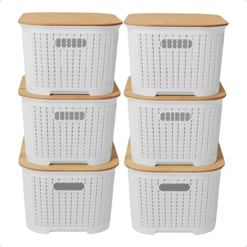 Set X6 Canastos Organizadores Simil Rattan Con Tapa Madera