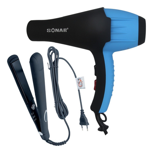 Kit Secador E Chapinha Profissional Potente Chapa Prancha Cor Azul Com Preto 110v