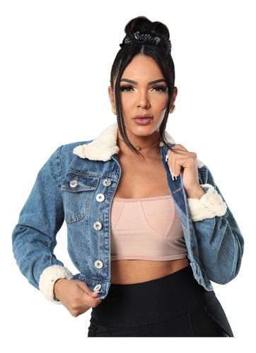 Jaqueta Jeans Feminina Forrada Curta Pelinhos Moda Blogueira