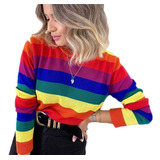 Blusa Manga Longa Listrada Colorida Tricot Trico Pronta Entr