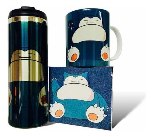 Termo +taza Diseño De Snorlax Anime Pokemon Color Verde Oscuro