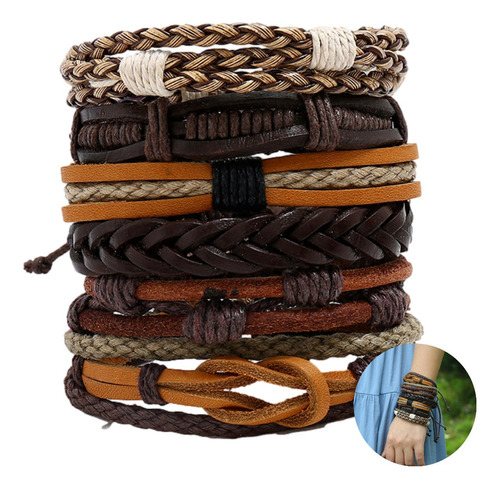 Conjunto Pulsera Brazalete Cuero 6 En 1 Trenzado Naranja