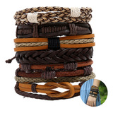 Conjunto Pulsera Brazalete Cuero 6 En 1 Trenzado Naranja