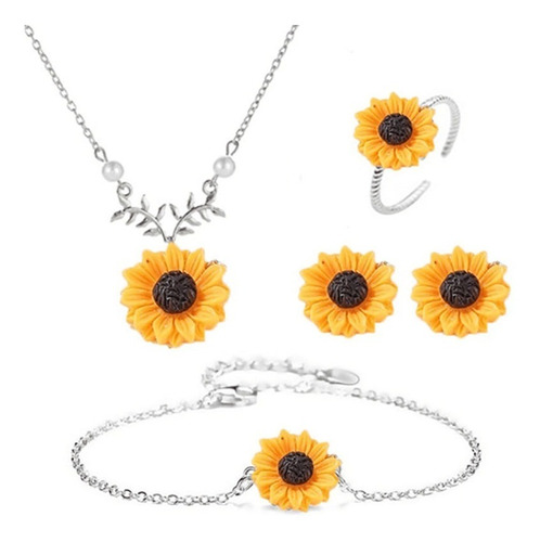 Girasol Conjunto Collar Pulsera Pendientes Anillo Set Mujer