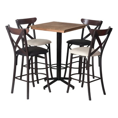 Juego Mesa Periquera Mobeler 4 Bancos Madera Y Fierro Estilo Moderno Chocolate-hueso Liso