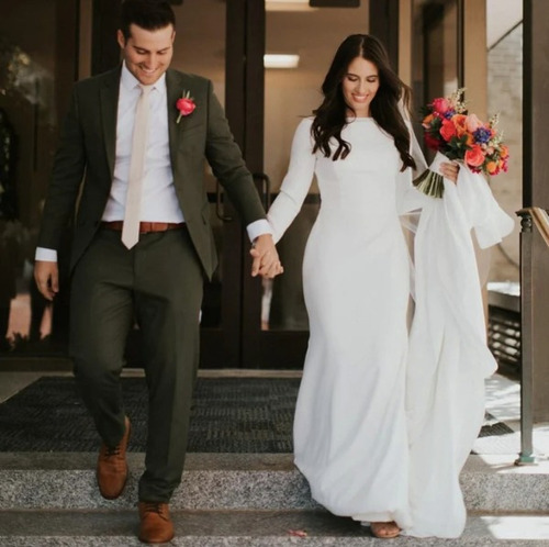 Vestido De Casamento Sereia Manga Longa + Véu Mantilha 