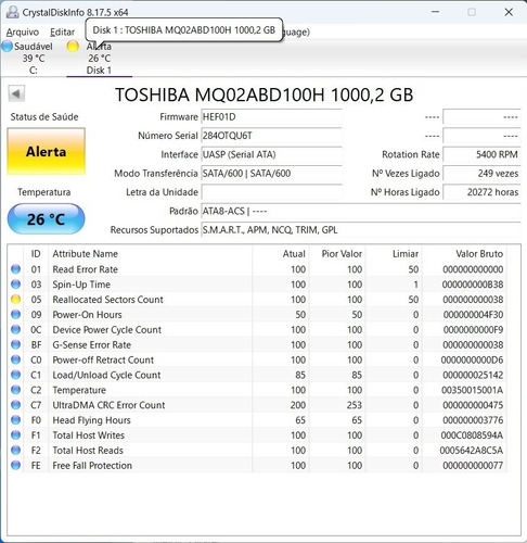 Hd Toshiba Mq04abf100 1tb Usado Com Setor Realocado Mas Funcionando Perfeitamente!