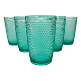 Jogo 6 Copos Detalhes Bolinhas Cor Verde Tiffany Vidro 370ml