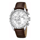 Reloj Pulsera Festina Timeless Chronograph F16760 De Cuerpo Color Gris Plata, Analógico, Para Hombre, Fondo Gris Plata, Con Correa De Cuero Color Marrón, Agujas Color Gris Plata, Negro Y Blanco, Dial 