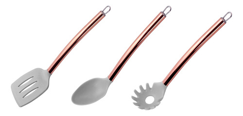 Kit 3 Utensílios Multiuso De Cozinha Inox Silicone Rose Bege