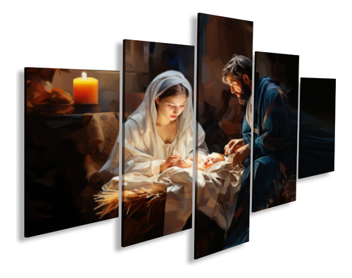 Quadro Mosaico 5 Peças Decoração Natal Presépio Menino Jesus