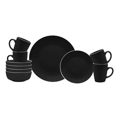 Vajilla Moderna Minimalista De Cerámica Modelo Chefmaker Zira Resistente De 16 Piezas Color Negro Filo Blanco Premium | Envío gratis