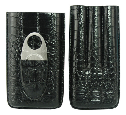 Estuche Para Puros Cuero Negro + Cortador Alta Calidad 