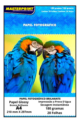 Papel Fotografico Glossy 180g A4 Masterprint 20 Folhas Cor Branco