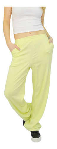 Pantalon Mujer Tiro Alto Estilo Lino Ancho Cintura Ajustada 