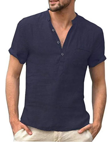 Camisa Algodon Lino Hombre Verano Cuello Bajo