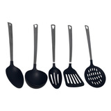 Kit Utensílios Cozinha Inox Colher Escumadeira Concha Preto