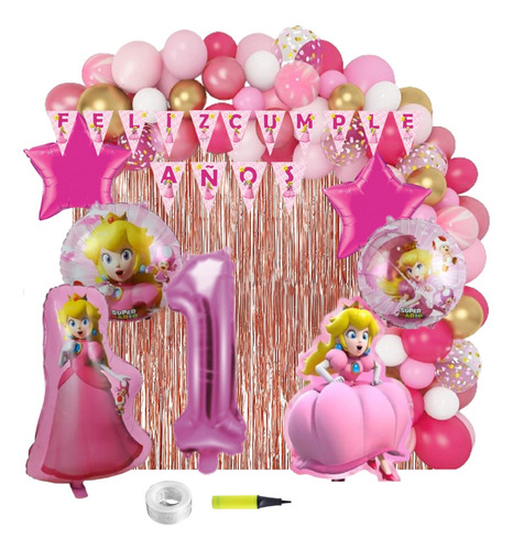 Kit Decoración Peach Princesa Globos Cortinas Y Bomba 72pzas