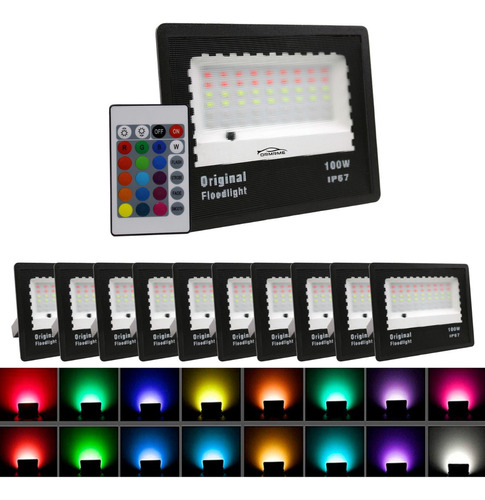 Kit 10 Refletor 100w Rgb Colorido Holofote Led Bivolt Slim Cor Da Carcaça Preto