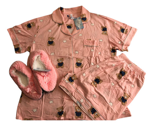 Kit Pijama Feminino Manga Curta Shorts E Pantufa