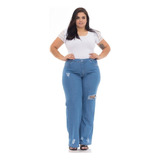 Kit 3 Calça Jeans Plus Size Wide Leg Feminina Cintura Alta