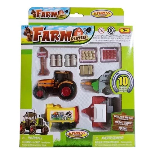 Set Granja Tractor Y 3 Maquinas De Arrastre + Accesorios