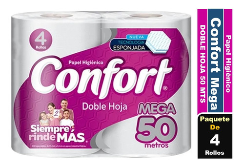 Papel Higiénico Confort Mega 50 Metros Doble Hoja 4 Rollos