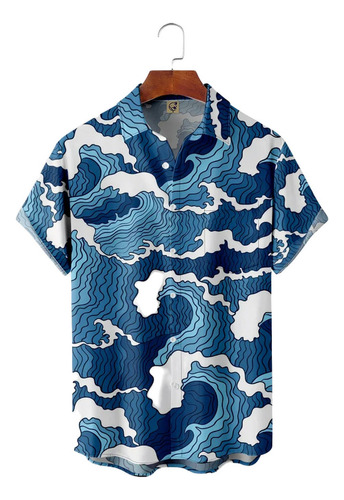 Hjb Camisa Hawaiana Unisex Ukiyoe Wave De Japón, Camisa De