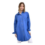 Camisa Vestido Jean Mujer Botones Bolsillo Sobrecamisa