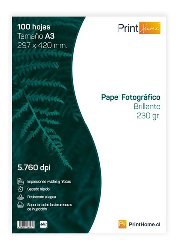 Papel Fotográfico, 230gr Brillante A3x100hj ,printhome