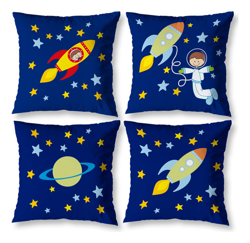 Kit 4 Capa De Almofada Astronauta Infantil Menino 40x40