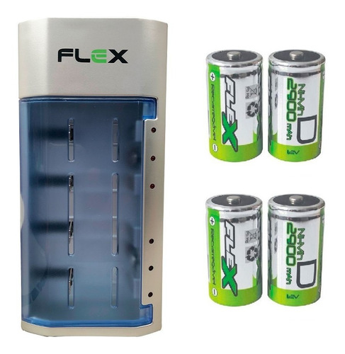 Kit Carregador Flex Un. + 4 Pilhas D Flex Recarregáveis