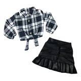 Conjunto Infantil Cropped Xadrez Manga Longa + Saia De Botão