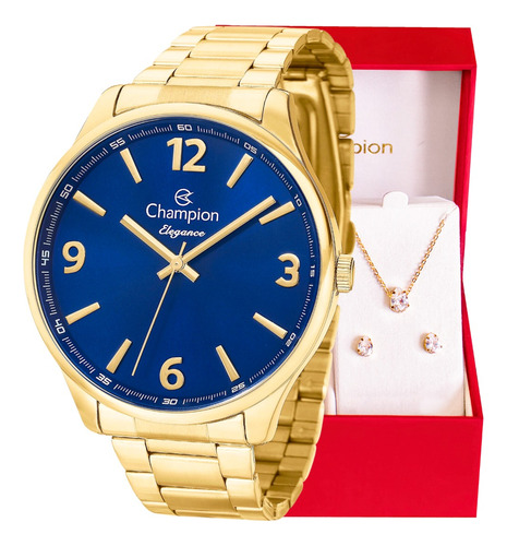 Relógio Champion Feminino Dourado Azul + Colar E Brincos