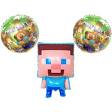 Pack 3 Globos Metalizados Steve Minecraft Para Aire O Helio