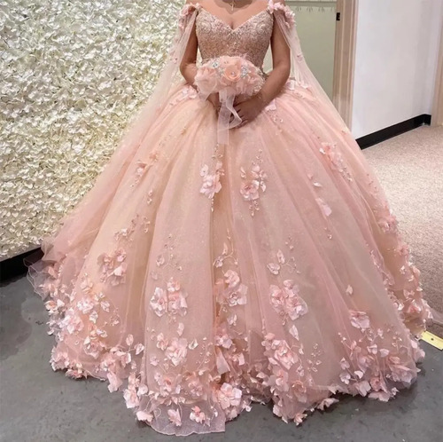 Vestido De Quinceañera Con Flores 3d Y Capa