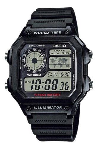 Reloj De Pulsera Casio Digital Ae-1200 De Cuerpo Color Negro, Digital, Fondo Gris, Con Correa De Resina Color Negro, Dial Negro, Subesferas Color Gris Y Negro, Minutero/segundero Negro, Bisel Color Ne