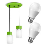 Colgante Cubo Techo Moderno Color Verde 2 Luces Lámpara Led Luz Día Fría 12w Blanca Apta Zócalo E27 Hogar