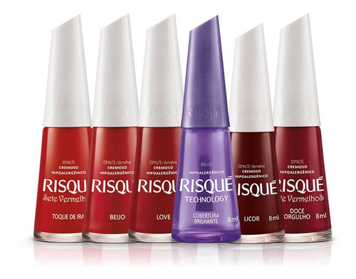 Kit Esmalte Risque 5 Vermelhos + Base Intensificadora