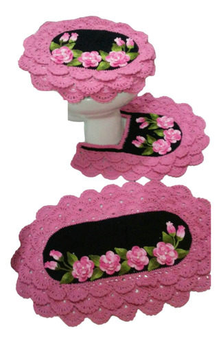 Jogo De Banheiro Crochê Rendado Rosa 3 Peças 