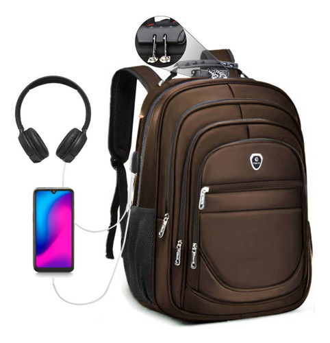 Bolsa Mochila Masculina Feminina Grande Notebook C/ Usb Fone Cor Marrom Desenho Do Tecido Liso