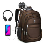 Bolsa Mochila Masculina Feminina Grande Notebook C/ Usb Fone Cor Marrom Desenho Do Tecido Liso